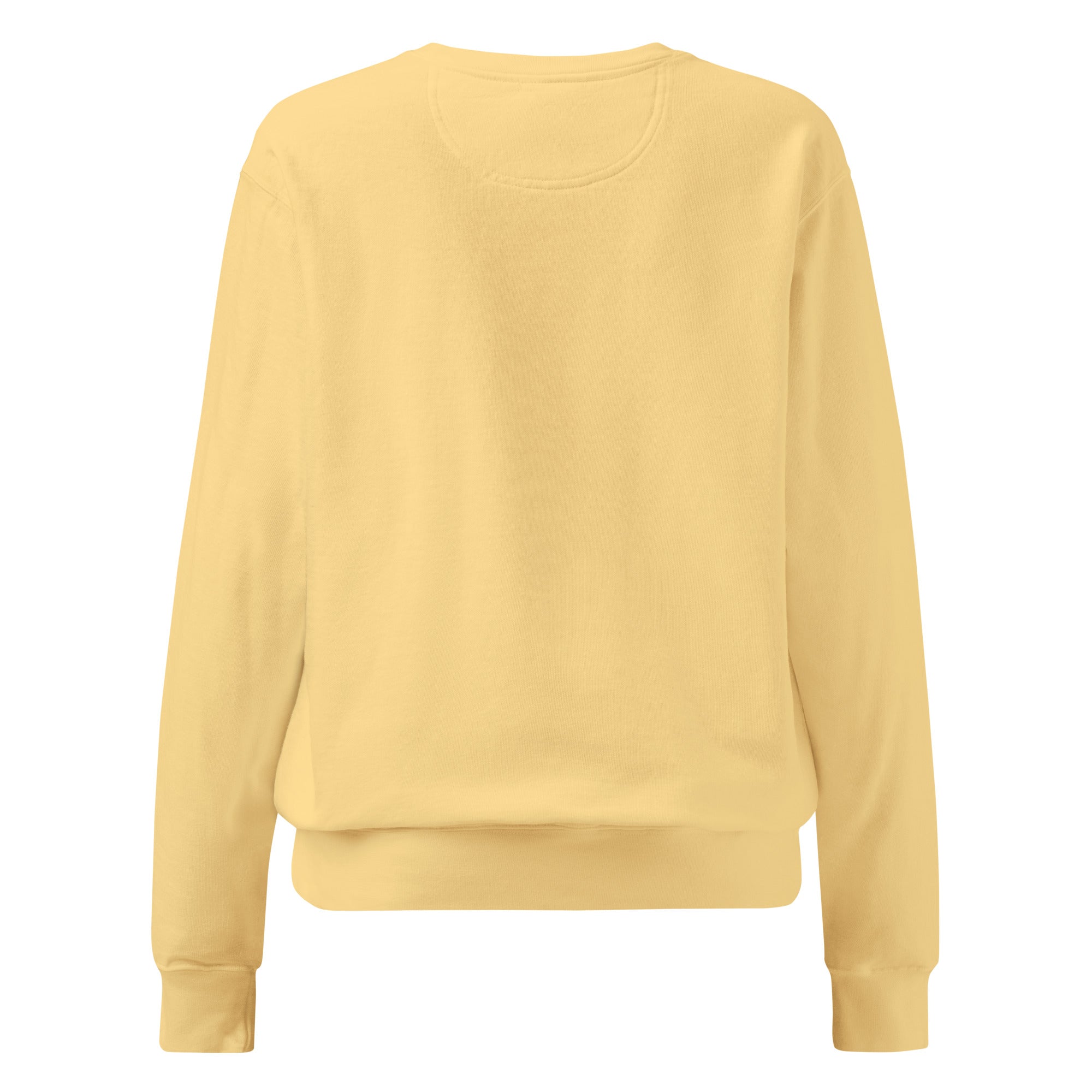 Back view of butter yellow garment-dyed crewneck sweatshirt, heavyweight relaxed fit, blended family stepmom sweatshirt