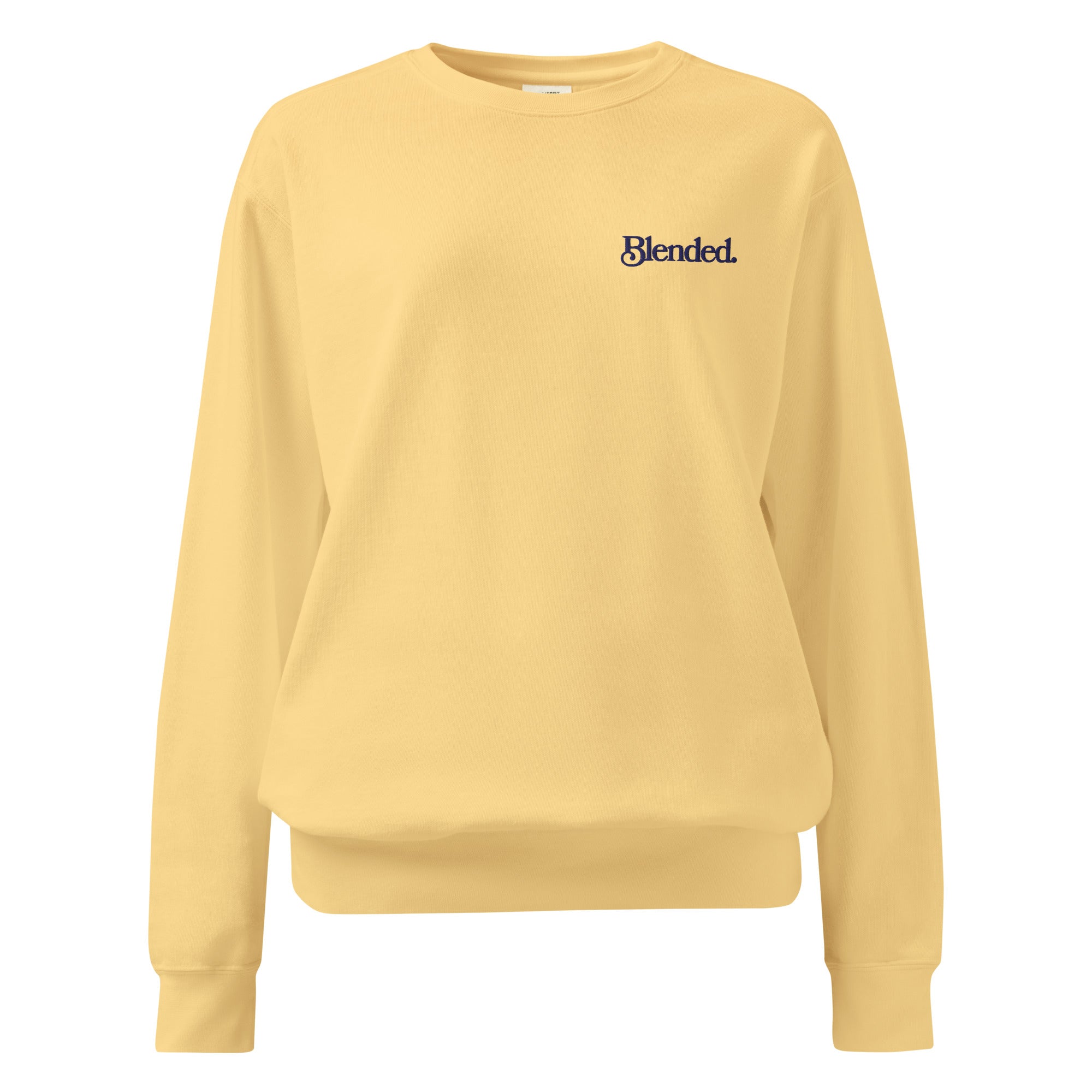 Butter yellow garment-dyed crewneck sweatshirt with navy embroidery, front view - stepmom gift, blended family apparel