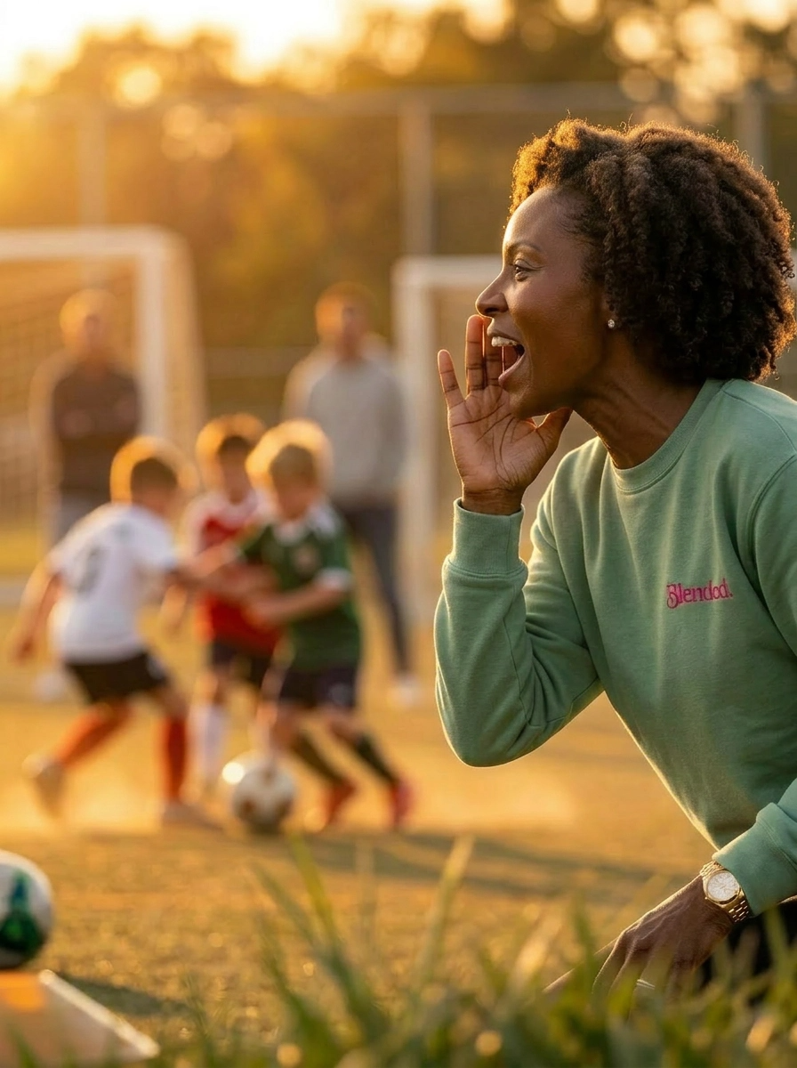 Stepmom cheering on the soccer sideline wearing sage green garment-dyed crewneck sweatshirt - blended family gift idea